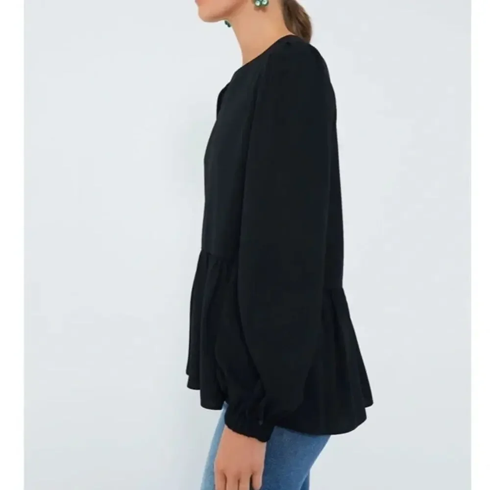 Tuckernuck Pomander Carlota Peplum Blouse in Black with Billowy Sleeves Size XS